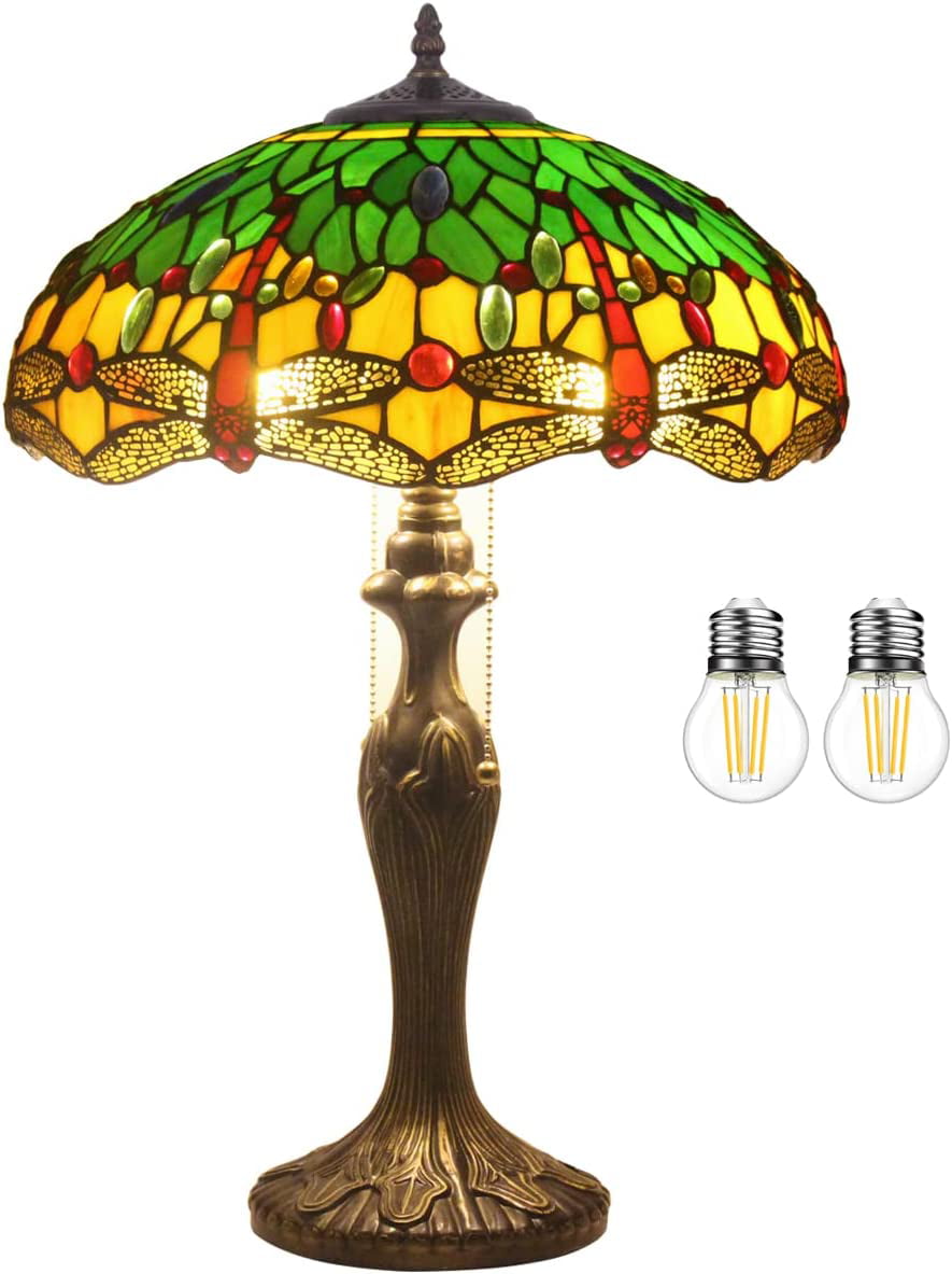 Tiffany Lamp Stained Glass Bedside Table Lamp Green Yellow Dragonfly 16X16X24 Inches Desk Reading Light Metal Base Decor Bedroom Living Room Home Office S009G Series