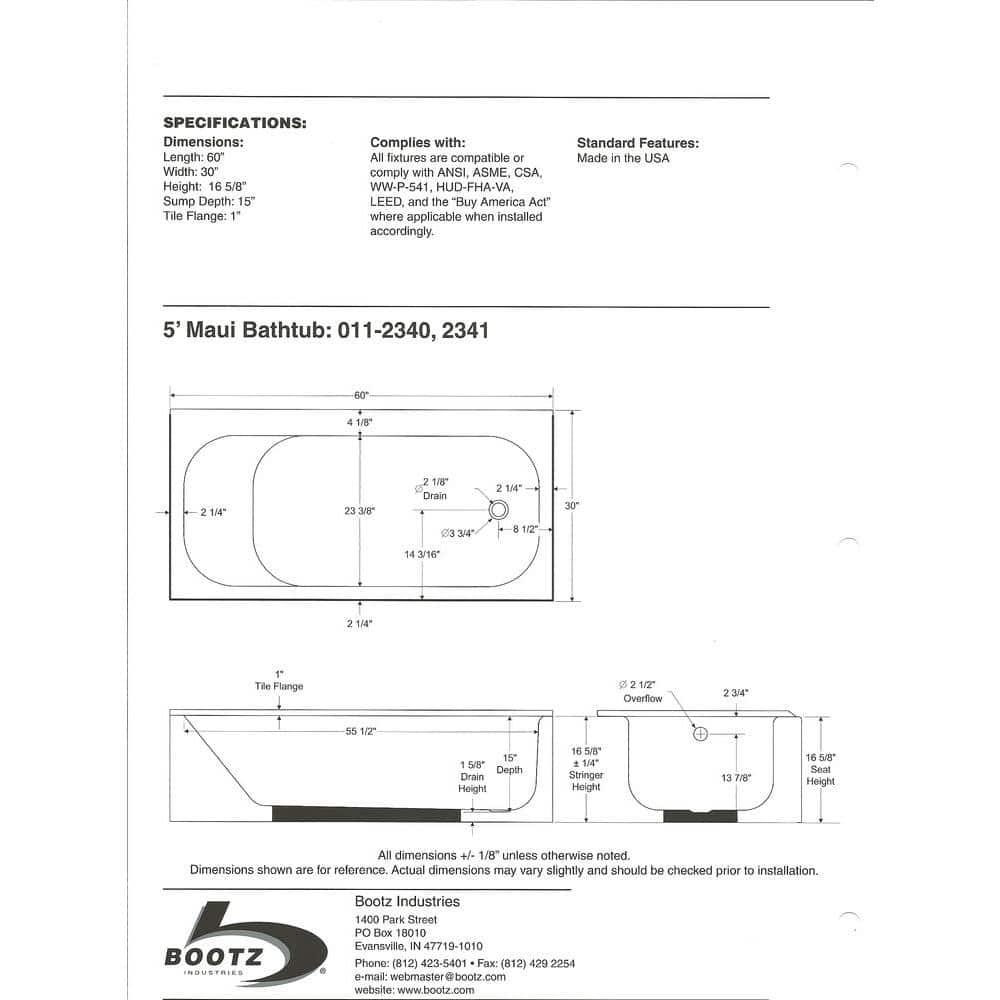 Bootz Industries Maui 60 in x 30 in Soaking Bathtub with Right Drain in White