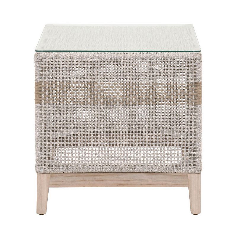 Glass Top End Table with Interwoven Rope Design Frame， Gray and Brown