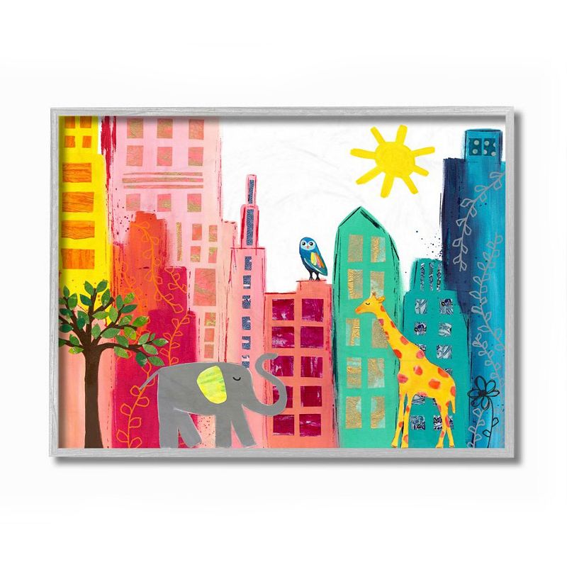 Stupell Home Decor Kid's Safari Animal City Scene Elephant Giraffe Owl Wall Art