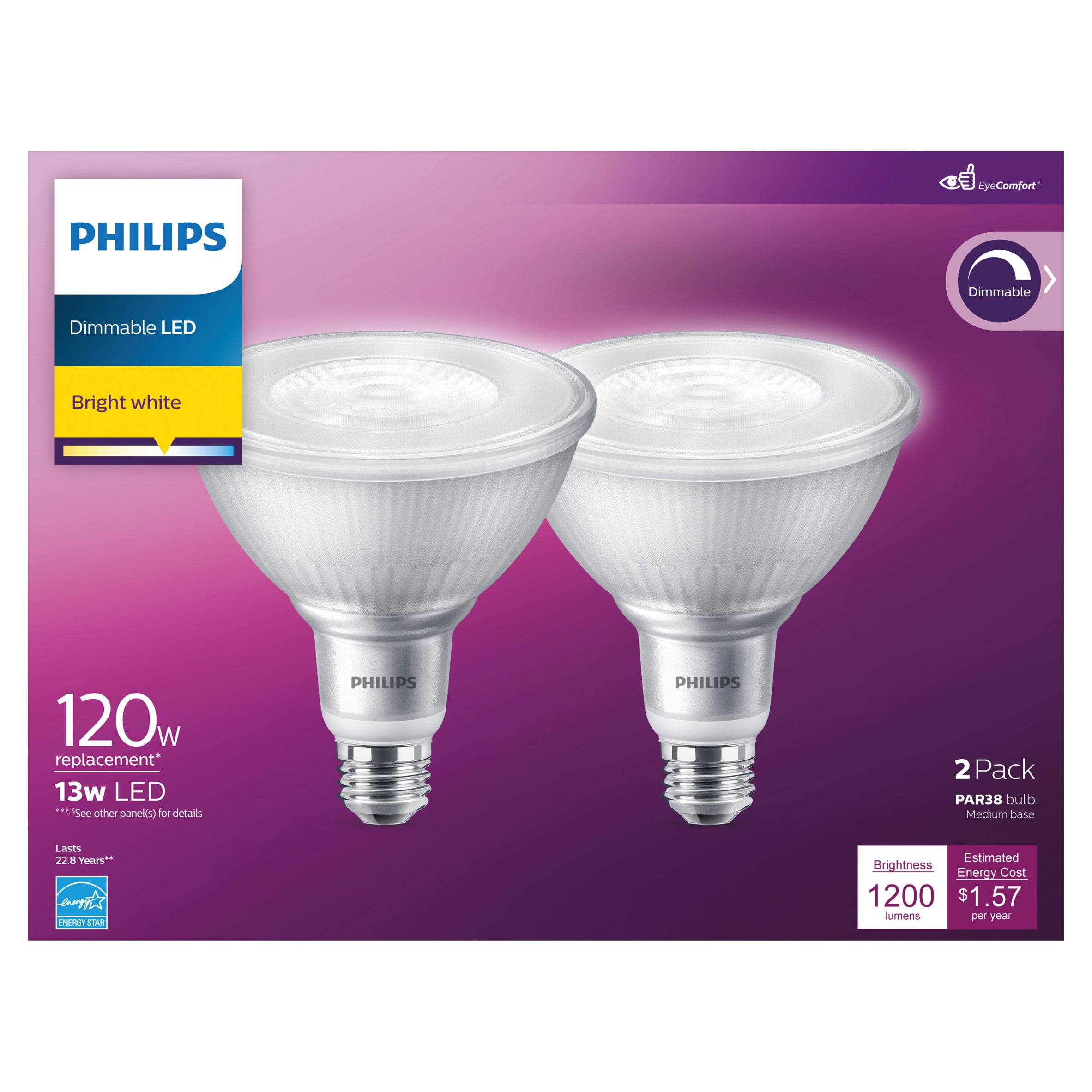 Philips LED 120-Watt PAR38 Indoor and Outdoor Floodlight Light Bulb， Bright White， Dimmable， 40-Degree Beam Spread， E26 Medium Base (2-Pack)