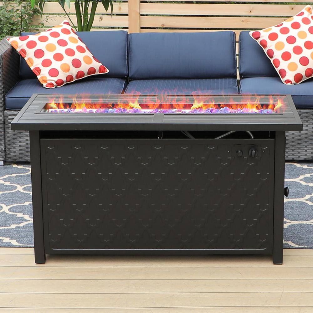 PHI VILLA Leather Grain 44.88 in. x 24.8 in. 50000 BTU Rectangle Metal Gas Fire Pit Table with Lid and Blue Fire Glass THD-E02GS007