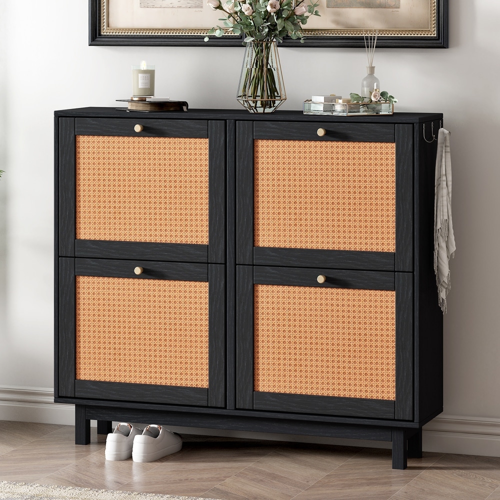 Rattan Shoe Cabinet with 4 Flip Drawers  2 Tier Shoe Storage Organizer  Free Standing Shoe Rack