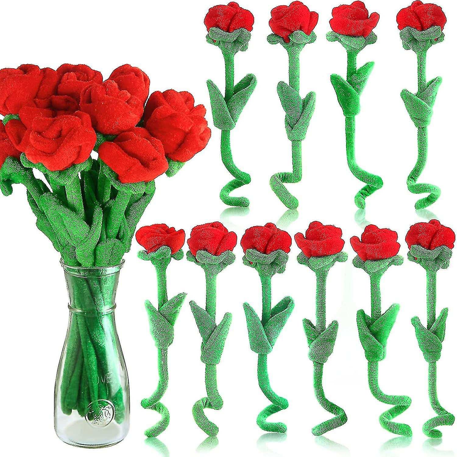 10/18 Pcs Plush Rose Flower Stuffed Rose Flower Bendable Stems Plush Bouquet Toy Soft Rose Flower 12