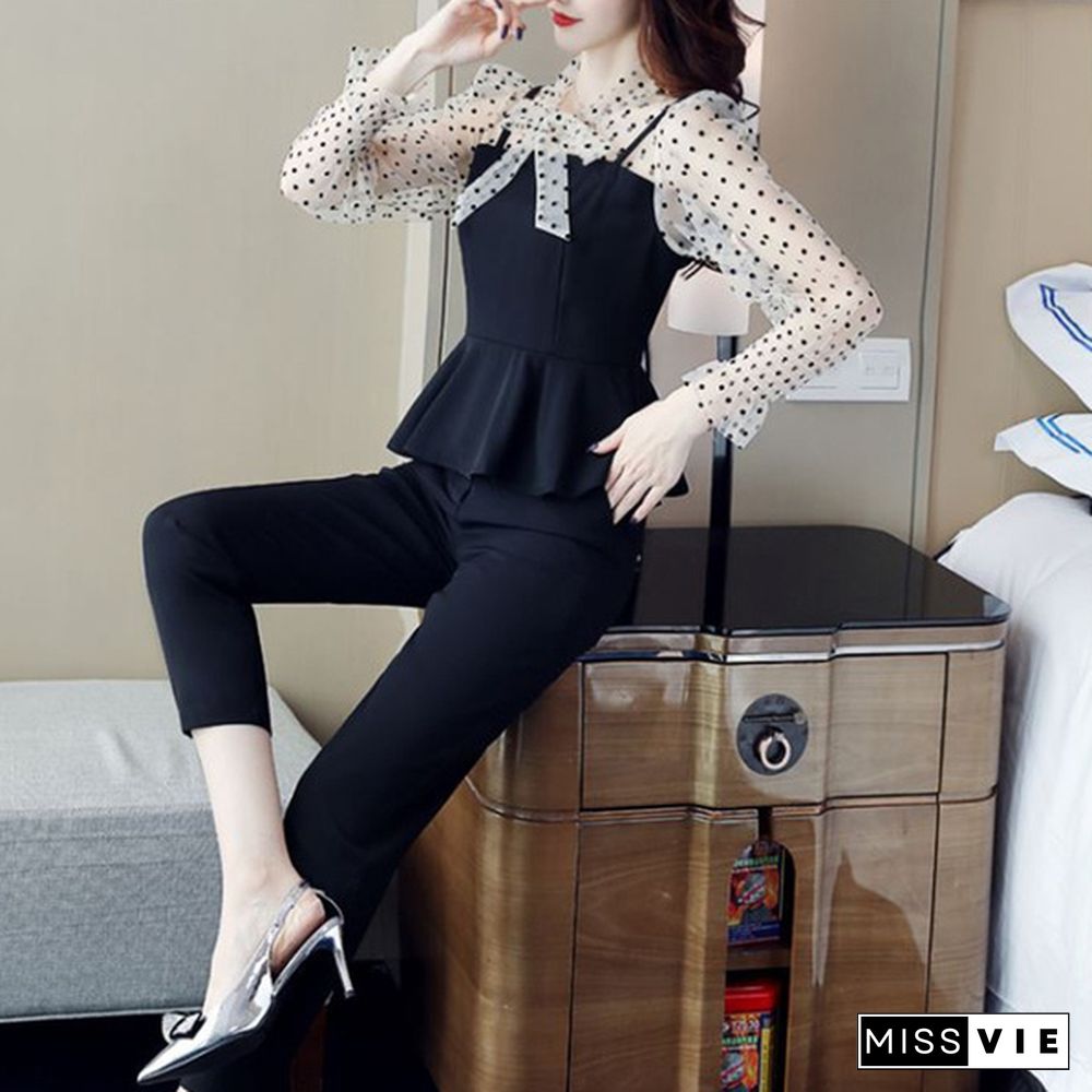 Office Fashion Two Piece Pants Sets Outfits Women Bow Dot Print Patchwork Tunics Tops + Pants Suits Korean Workwear Sets