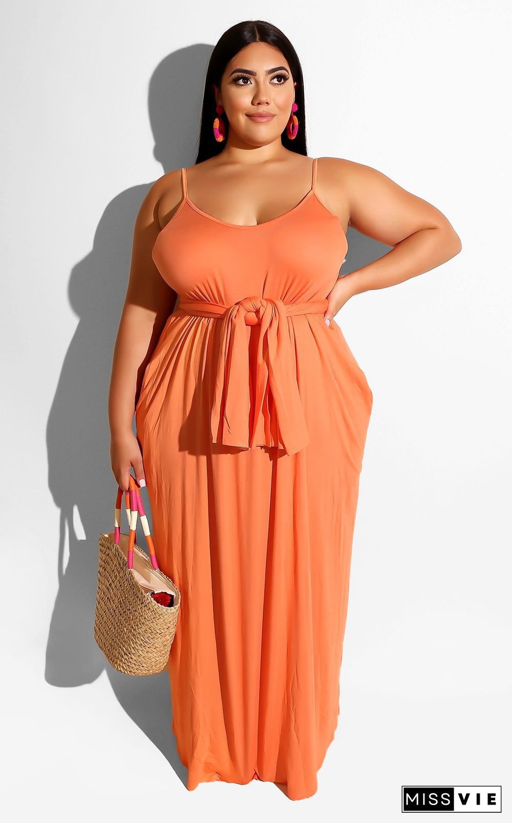 Solid Sling Loose Sashes Plus Size Maxi Dress