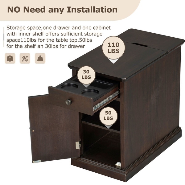 End Table with USB Ports and Multifunctional Drawer with Cup Holders