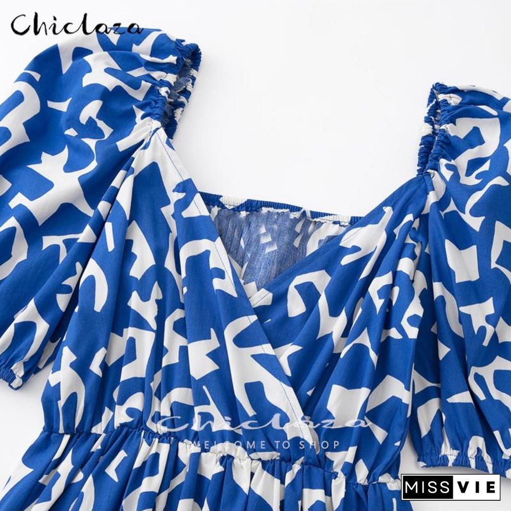 CHICLAZA Women New Summer Sexy V Neck Party Dress Ladies Casual Solid Print A Line Midi Beach Dresses Female