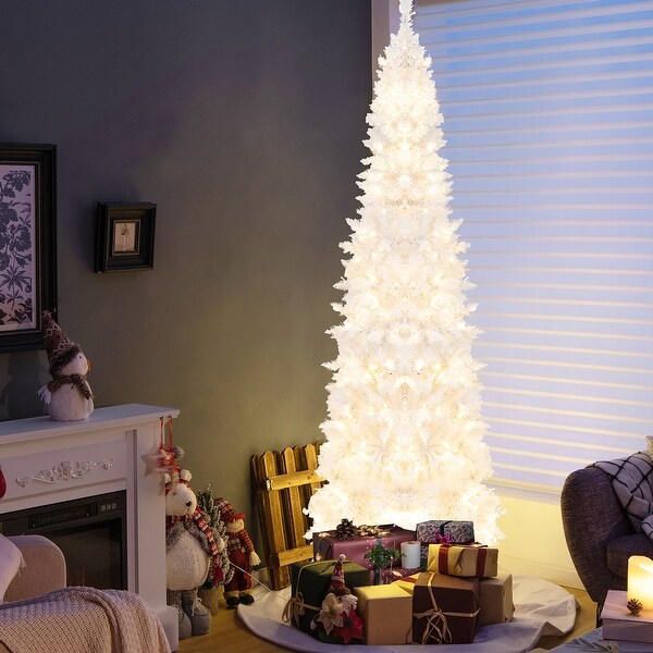 Costway 7FT PreLit Hinged Pencil Christmas Tree White w/ 300 LED