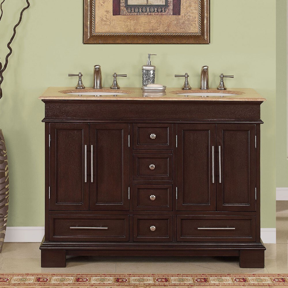 Silkroad Exclusive Travertine Top 48 inch Double sink Vanity Cabinet   White