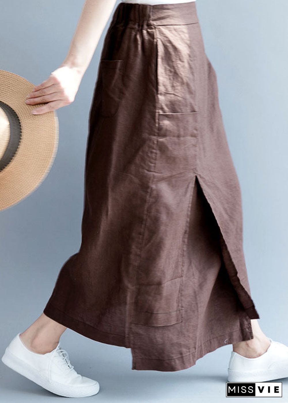 Plus Size Chocolate Asymmetrical Pockets Linen Skirts Spring