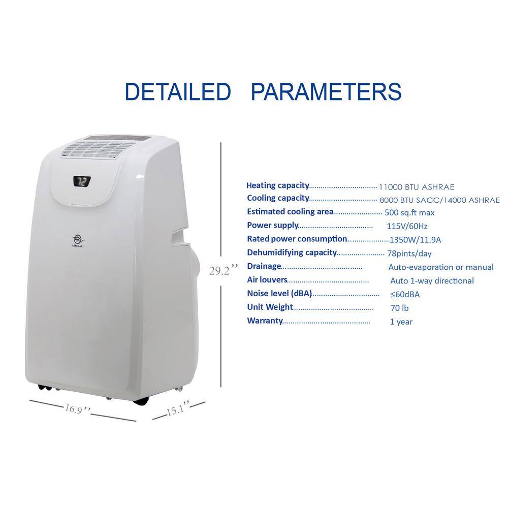 AIREMAX 115V 14000 BTU ASHRAE (8000 BTU DOE) Portable Air Conditioner with Remote 24H Timer Dehumidifier Wheels LED APE508CH