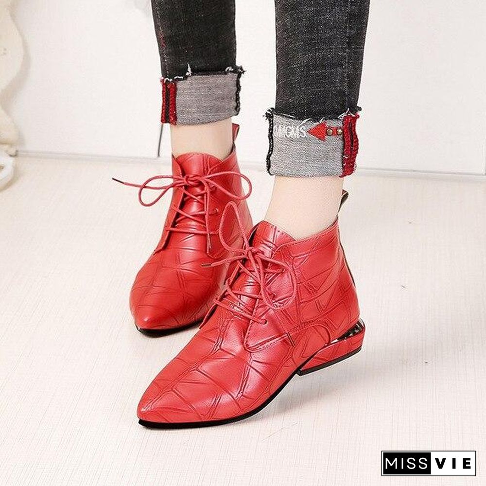 Pointed Toe Square Heel Women Boots Fashion High Heels Ankle Boots  Lace Up Leather Rubber Shoes