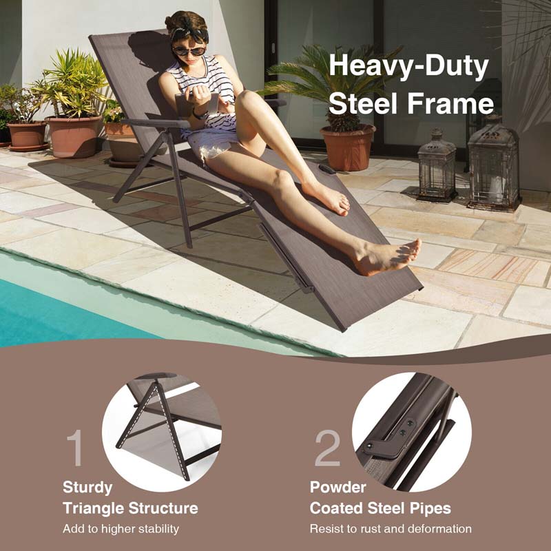 2 Pcs Folding Chaise Lounge Chair with 5-Position Backrest & 2-Position Footrest, Fabric Seat Sun Lounger for Pool Deck Beach