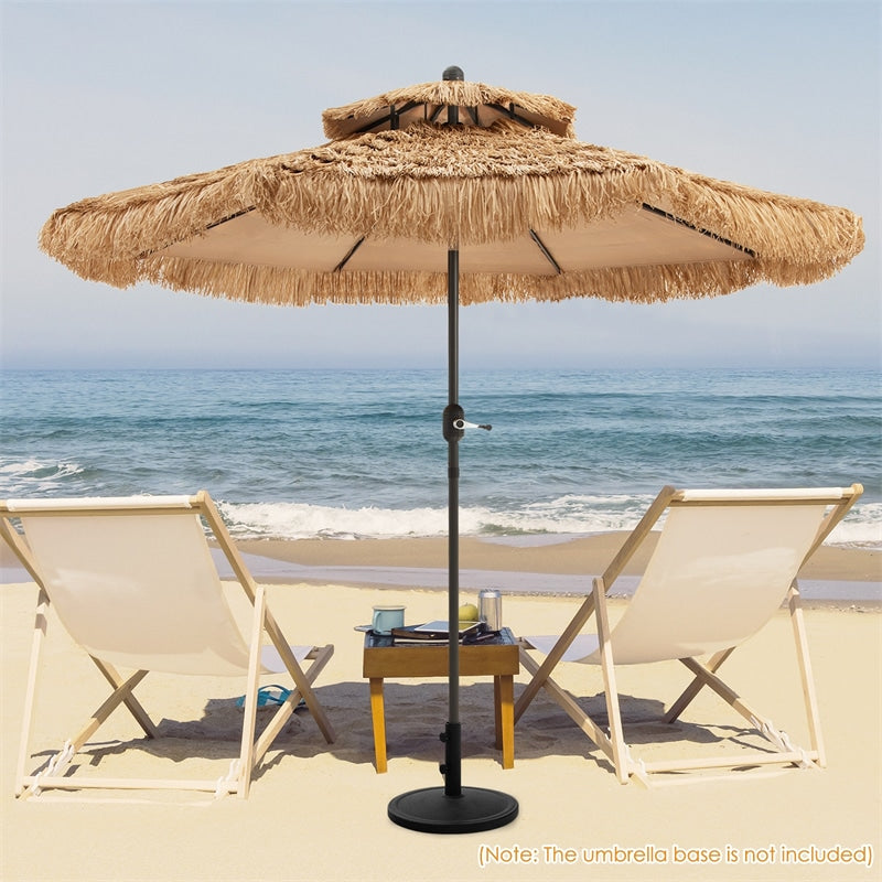 9 ft 2-Tier Thatched Patio Umbrella Hawaiian Style Grass Beach Umbrella with Crank Handle