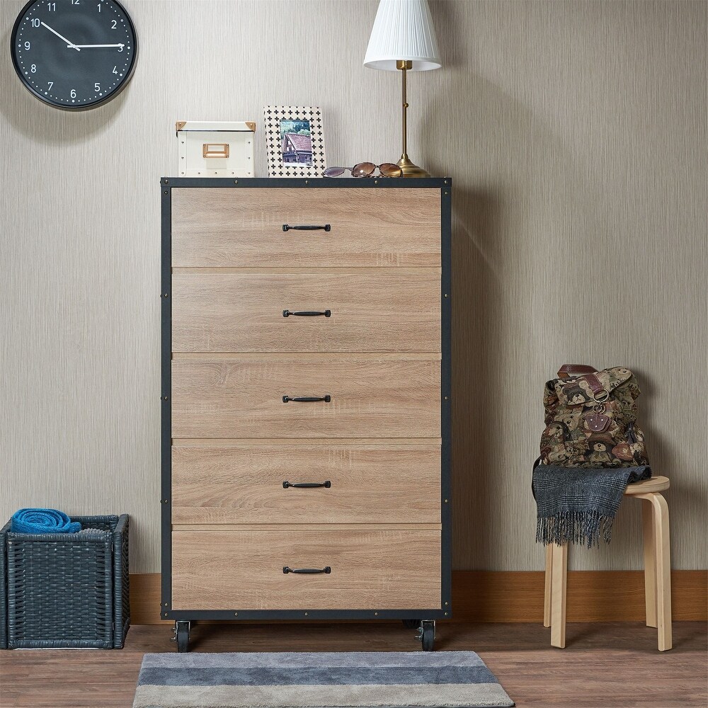 Wood Chest  5 Drawers with Casters Wheels  Easy Pull Out   Light Oak