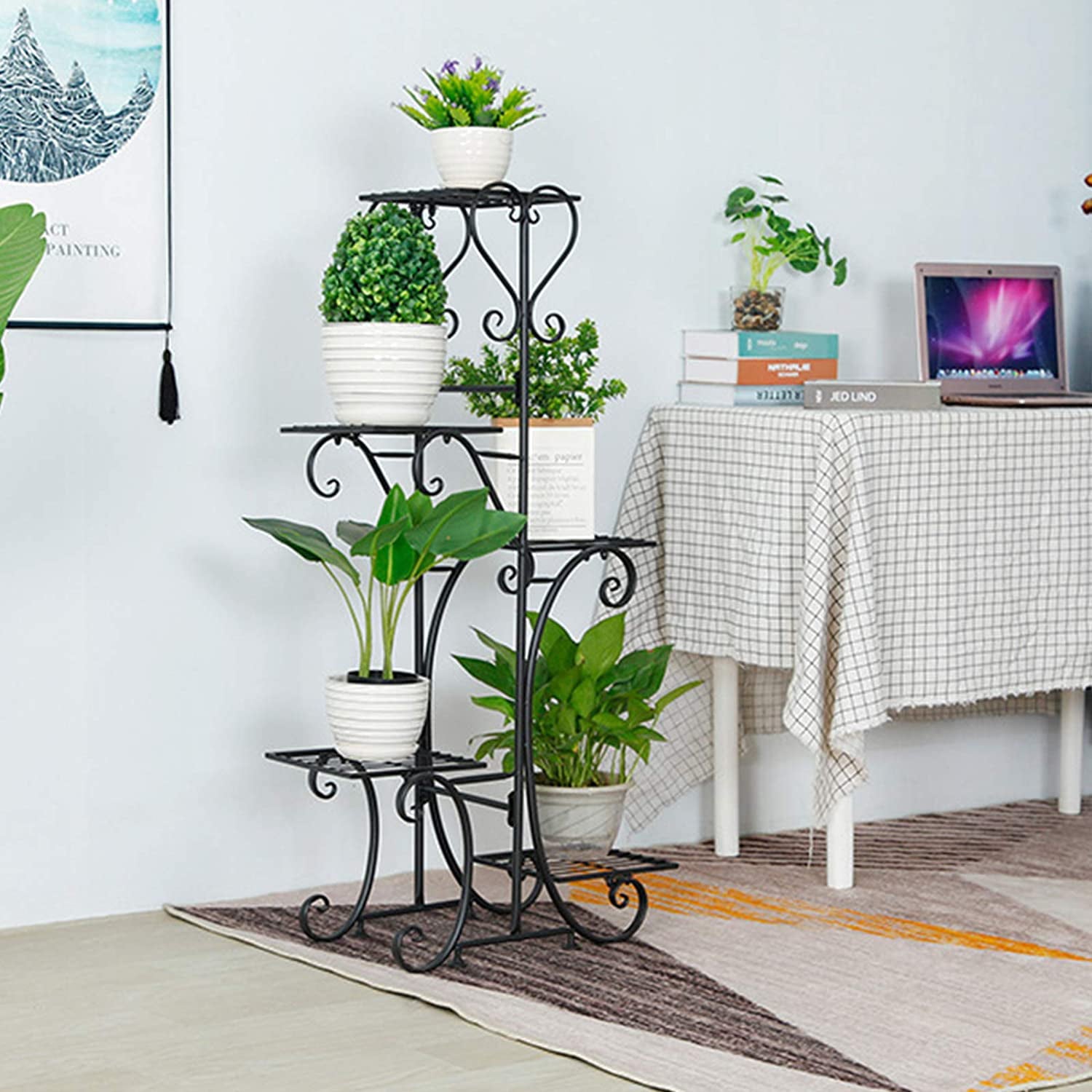 Flkoendmall 5-Tier Flower Pot Rack Balcony Garden Metal Flower Plant Shelf Decor Rack Black