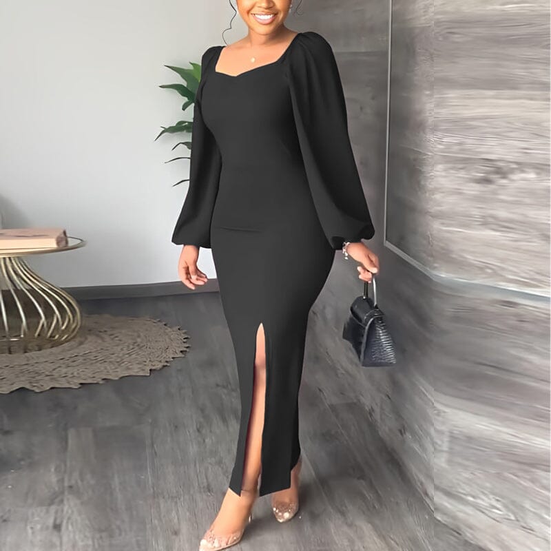 Long Sleeve Square Neck Slit Maxi Dresses