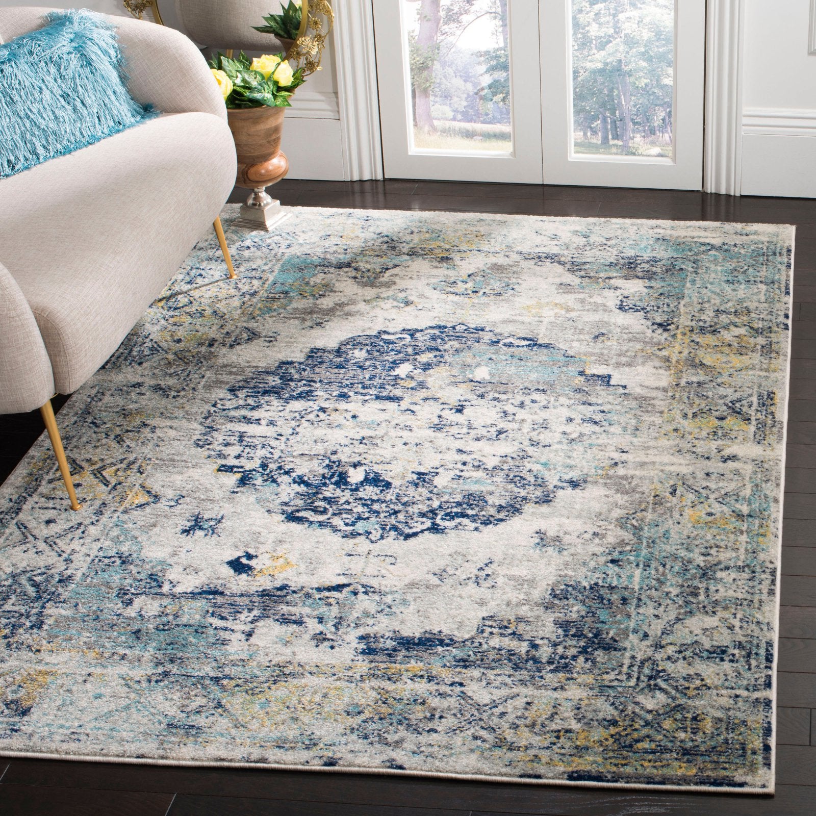 SAFAVIEH Madison Emil Overdyed Medallion Area Rug, Light Grey/Blue, 3' x 5'