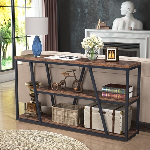 3-Tier Industrial Console Table Sofa Table with Open Shelves - 59.1