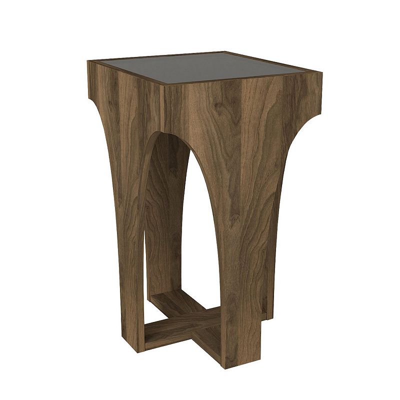 23 Inch Rectangular Glass Top Side Table， Chiseled Arch Panel Legs， Walnut， Smokey Black