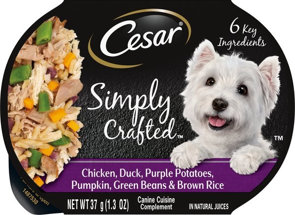 Cesar Simply Crafted Chicken， Duck， Purple Potatoes， Pumpkin， Green Beans and Brown Rice Wet Dog Food Meal Topper， 1.3-oz tray， case of 10