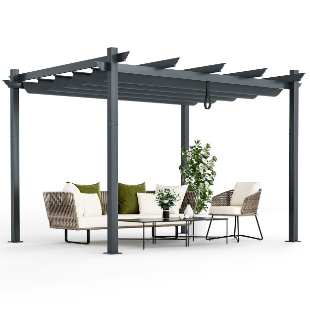 Costway 10x12ft Outdoor Aluminum Retractable Pergola Canopy Shelter Grape Trellis Beige gray