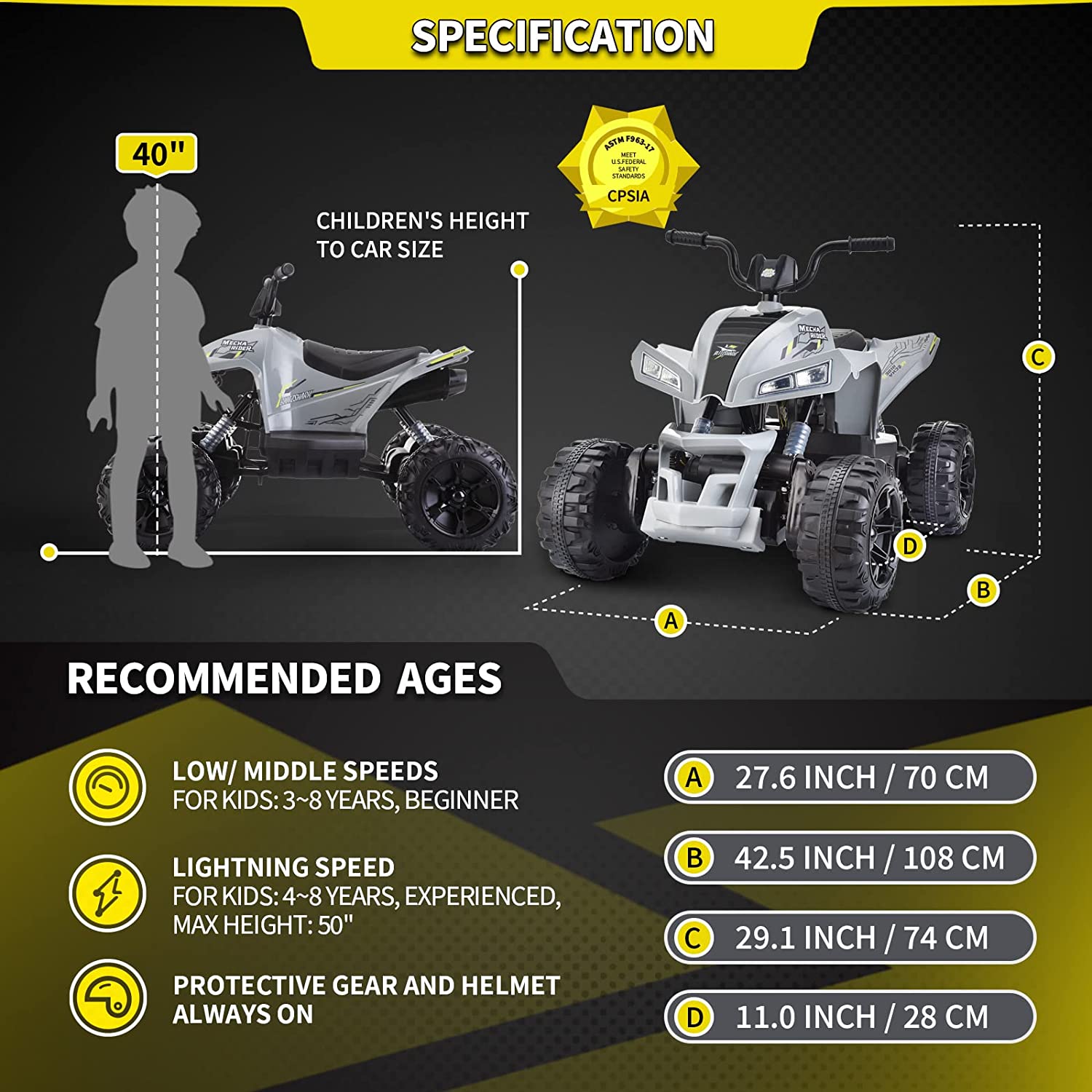 Blitzshark 24V Kids Ride on ATV 4WD Quad 4x75W Powerful 4-Wheeler Super Fast Electric Vehicle, with 10AH Battery, 5MPH Speed, Soft Brake, Full Metal Suspensions & Free Protective Gear, Mecha Rider