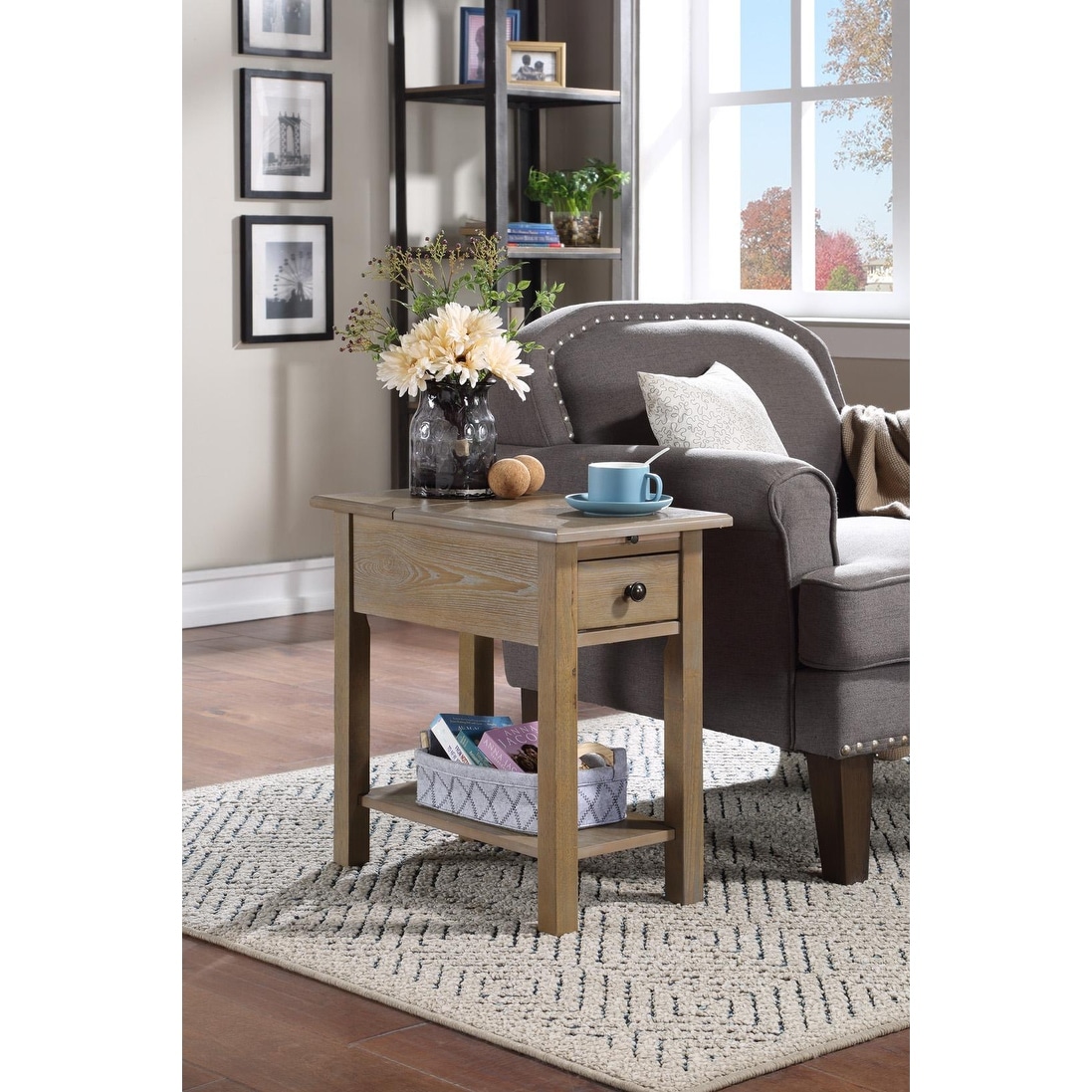 Sutton Side Table with USB Charging Station in Driftwood