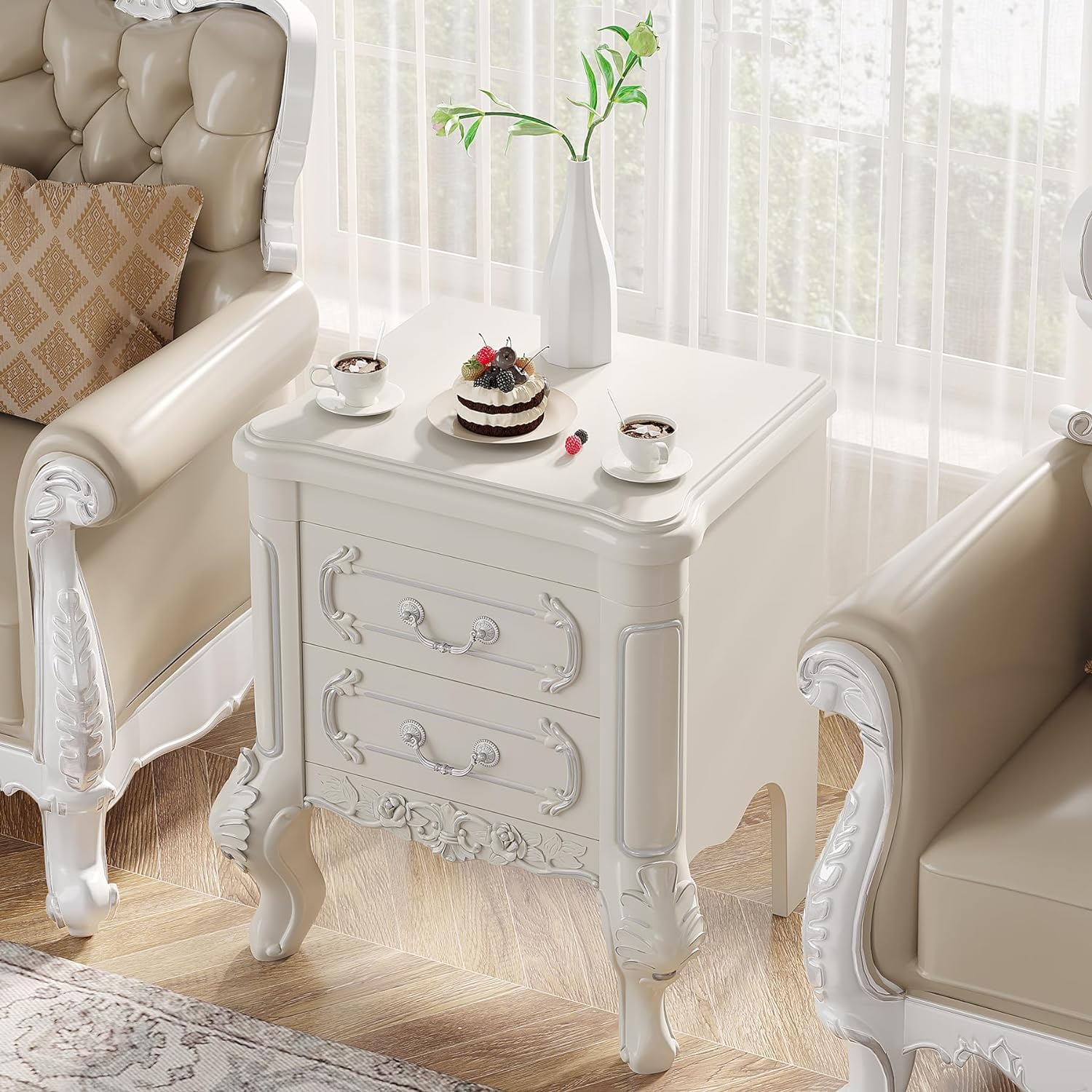 Carved Nightstand, White Bedside Table End Table with 2 Drawers