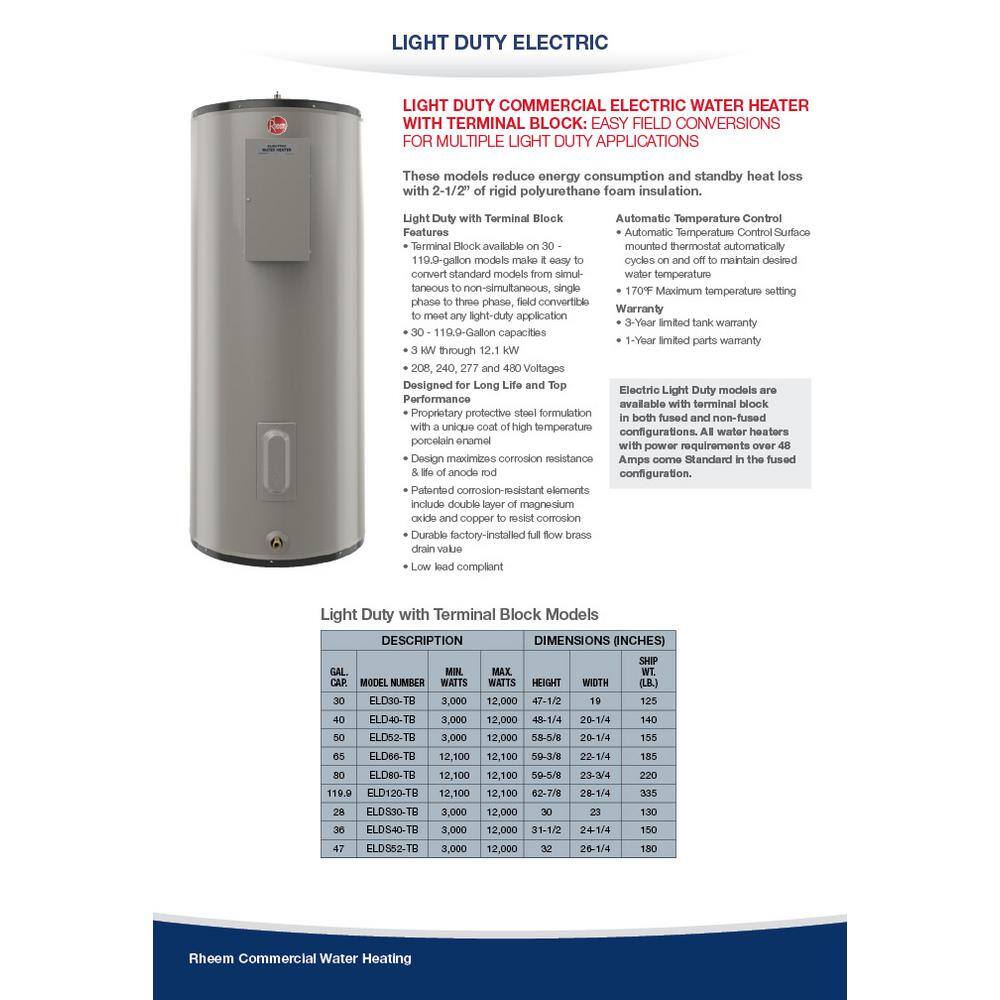 Rheem Commercial Light Duty 36 Gal. 277-Volt 4.5 kW Multi Phase Field Convertible Electric Tank Water Heater ELDS40-TB 277 Volt 4.5 kW