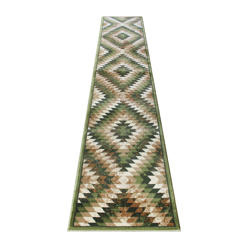 Masada Rugs Masada Rugs Stephanie Collection 3'x11' Area Rug Runner with Distressed Southwest Native American Design 1106 in Green， Brown and Beige