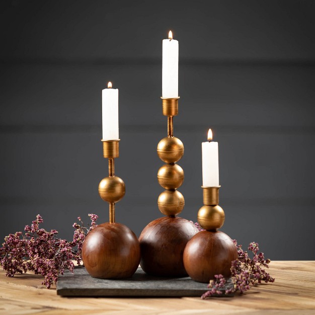 amp 5 5 quot Gold amp Wood Orb Candle Holders Set Of 3