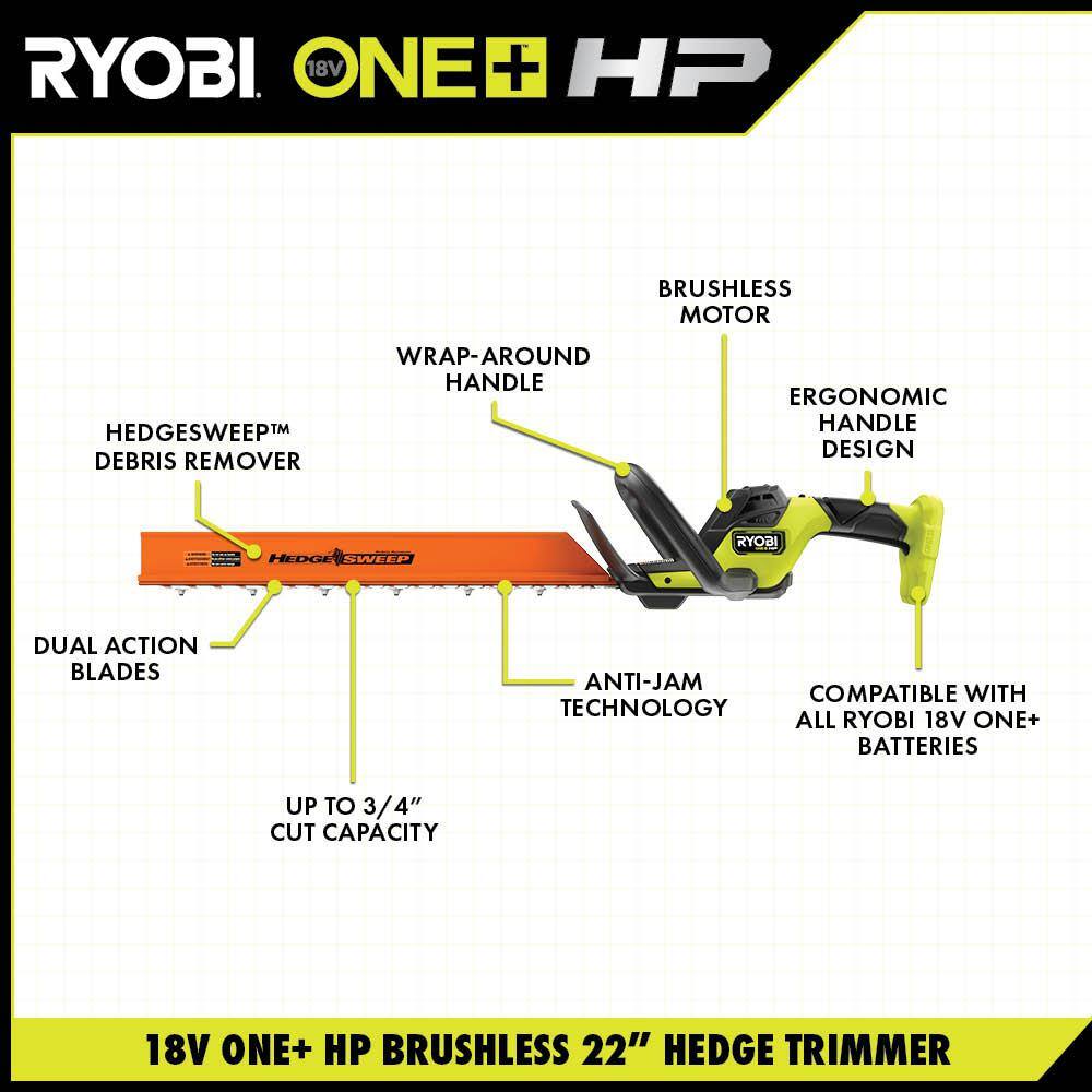 RYOBI ONE+ HP 18V Brushless 22 in. Cordless Battery Hedge Trimmer with 2.0 Ah Battery and Charger P2680