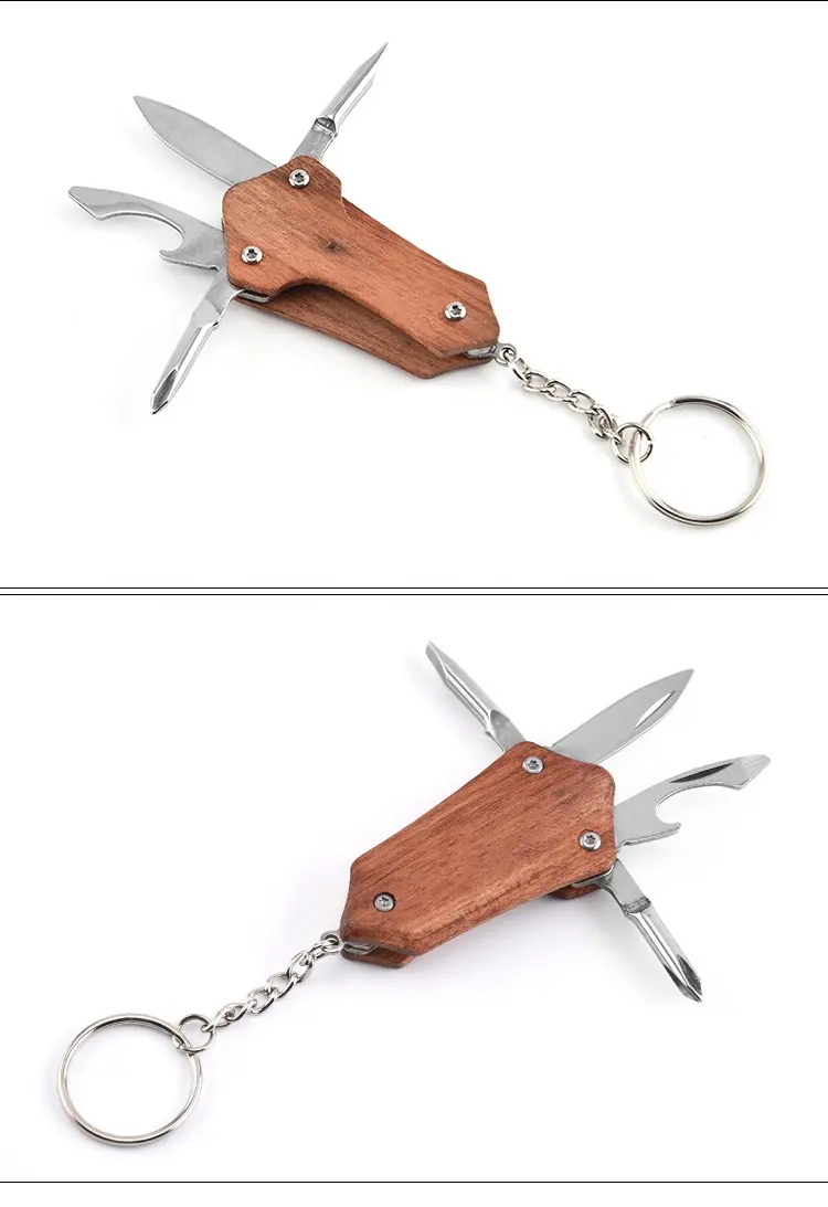 Popular Hiking Hunting Outdoor Survival Key Chain Wooden EDC Tools Multifunctional Bottle OPener Screwdriver