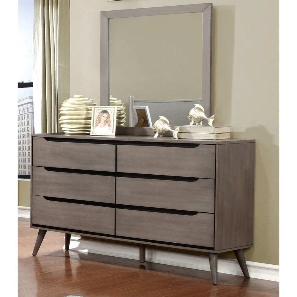 Fopp Mid Century Modern 2 piece 6 Drawer Dresser and Mirror Set by Furniture of America