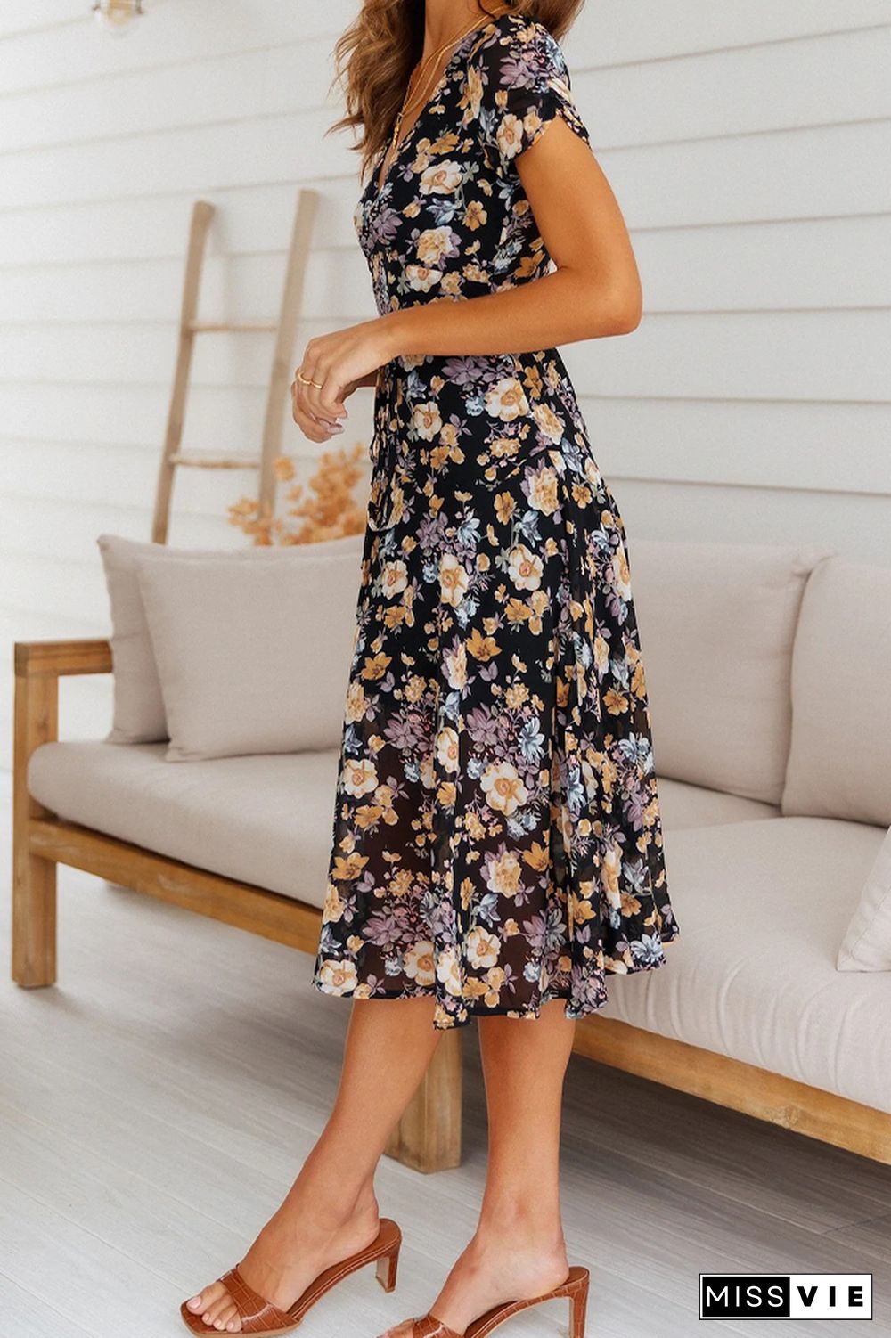 V Neck Short Sleeve Waist Tie Floral Dress