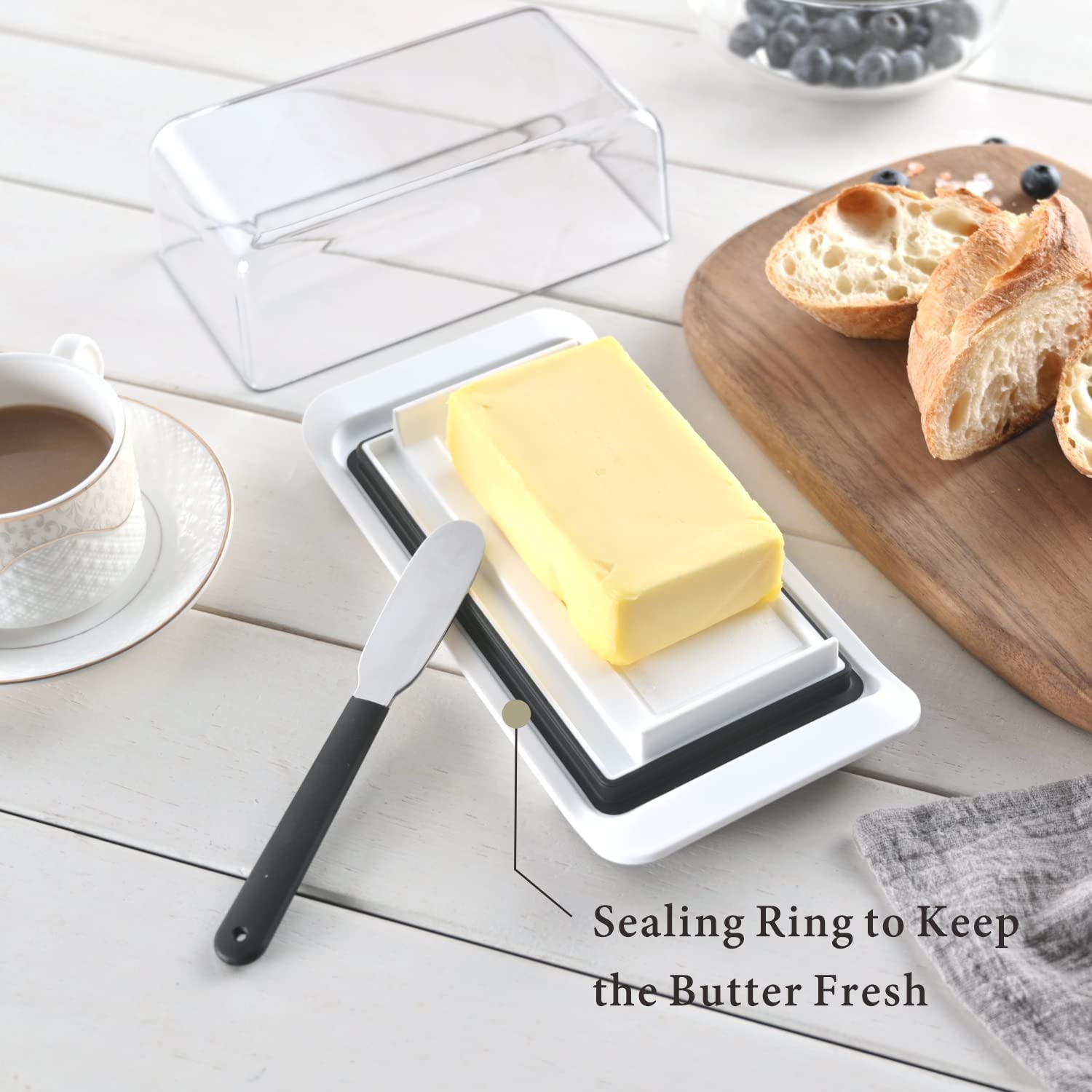 KITCHENDAO Airtight Butter Dish with Lid and Knife Spreader for Countertop and Refrigerator， Keep Butter Fresh， Easy Scoop， Dishwasher Safe， Plastic Butter Keeper Tray for West/ East Coast Butter