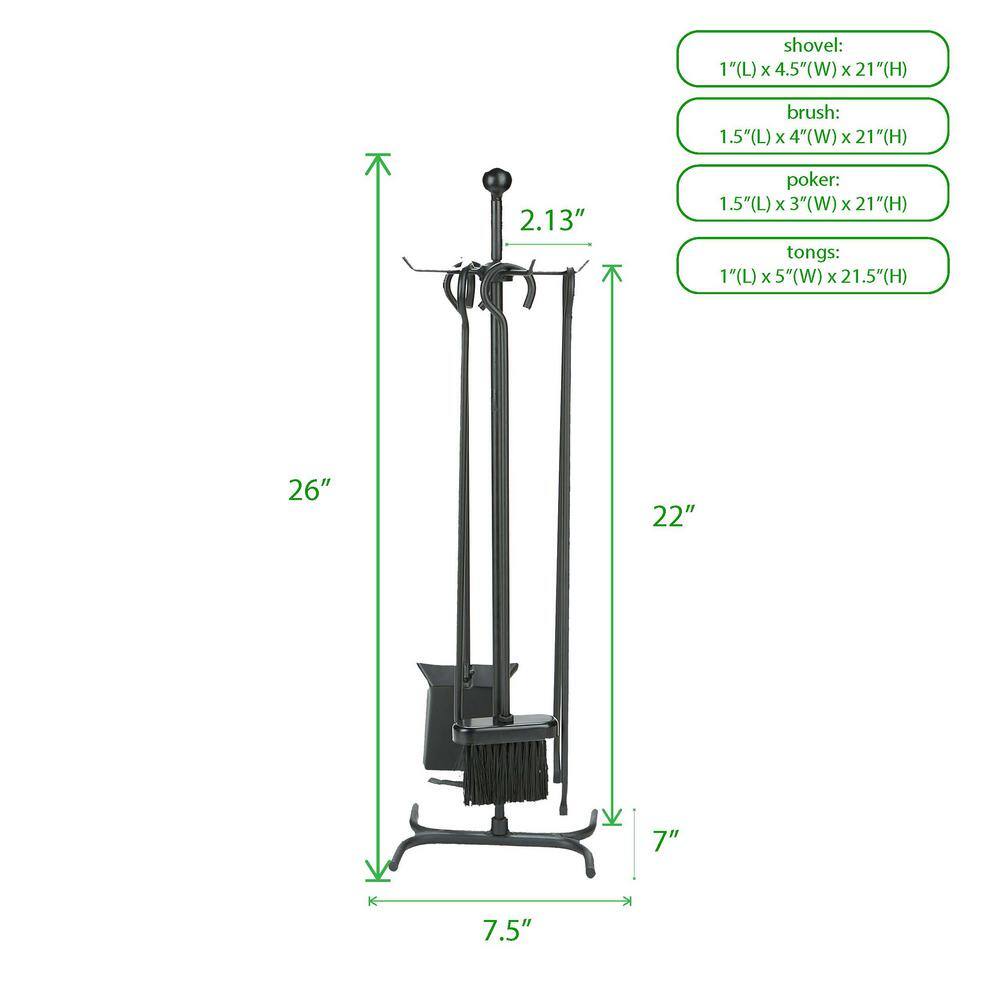 Mind Reader 4-Piece Stand Alone Fire Place Set Steel Construction Includes Stand Brush Poker Tongs ShovelScooper Black FIRE4-BLK