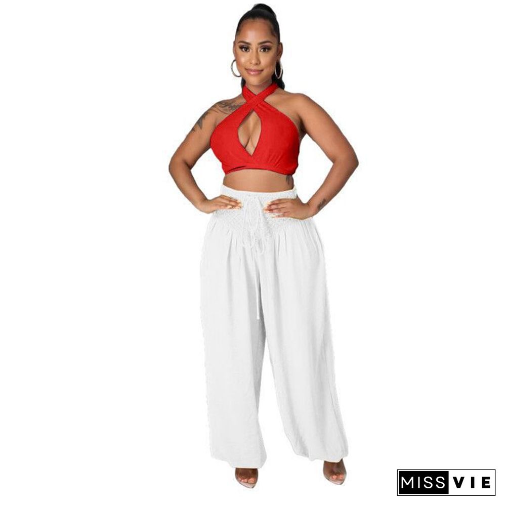 Solid Cross Halter Strapless Crop Top Wide Leg Pants 2 Pieces