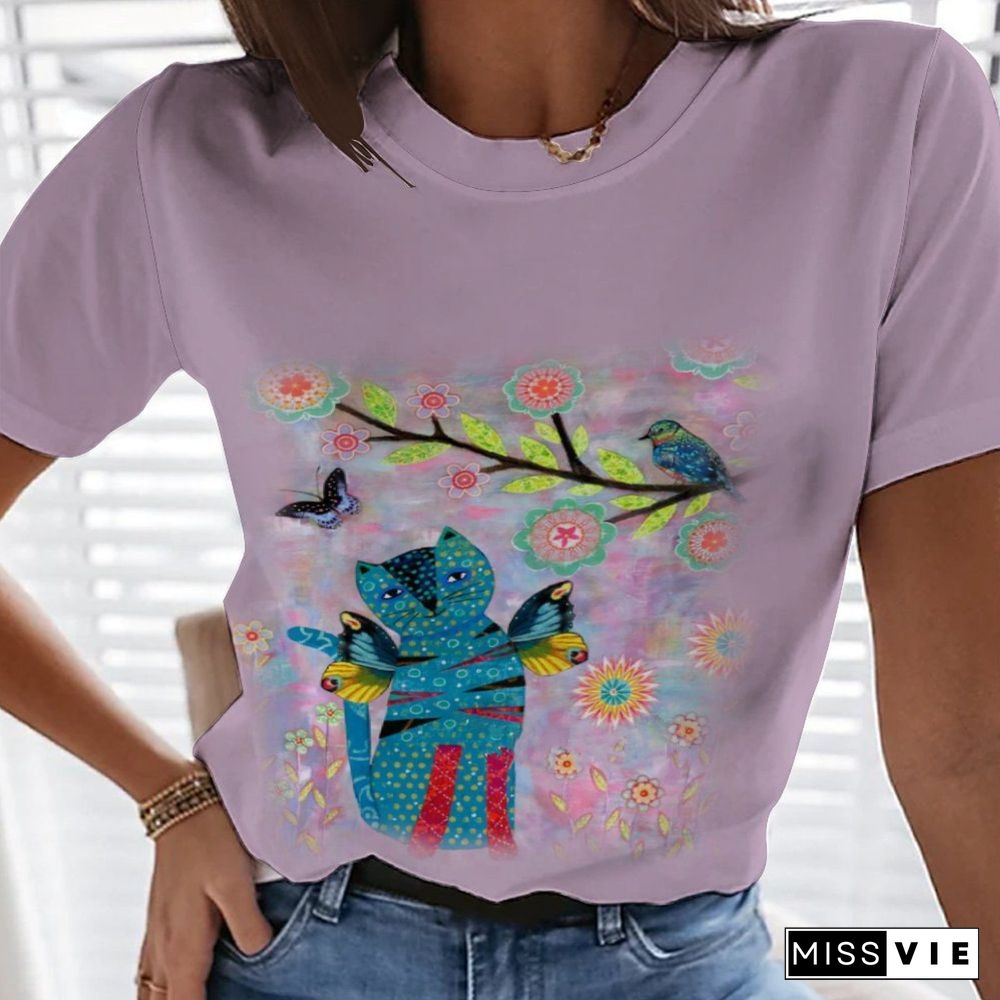 Summer 3D Cute Cat T-shirt Women's Round Neck Street Style Harajuku Loose And Comfortable Fashion Shirt