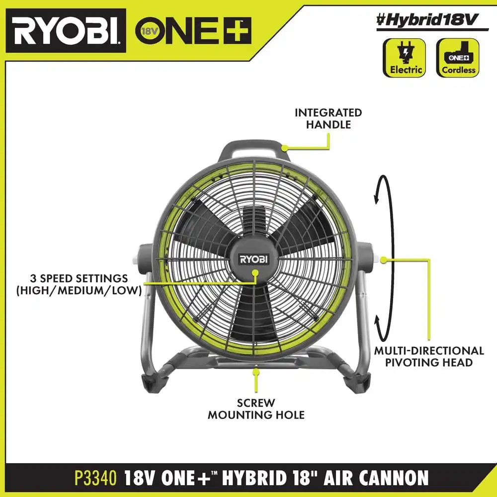 RYOBI ONE 18V Hybrid 18 in. Air Cannon Drum Fan P3340