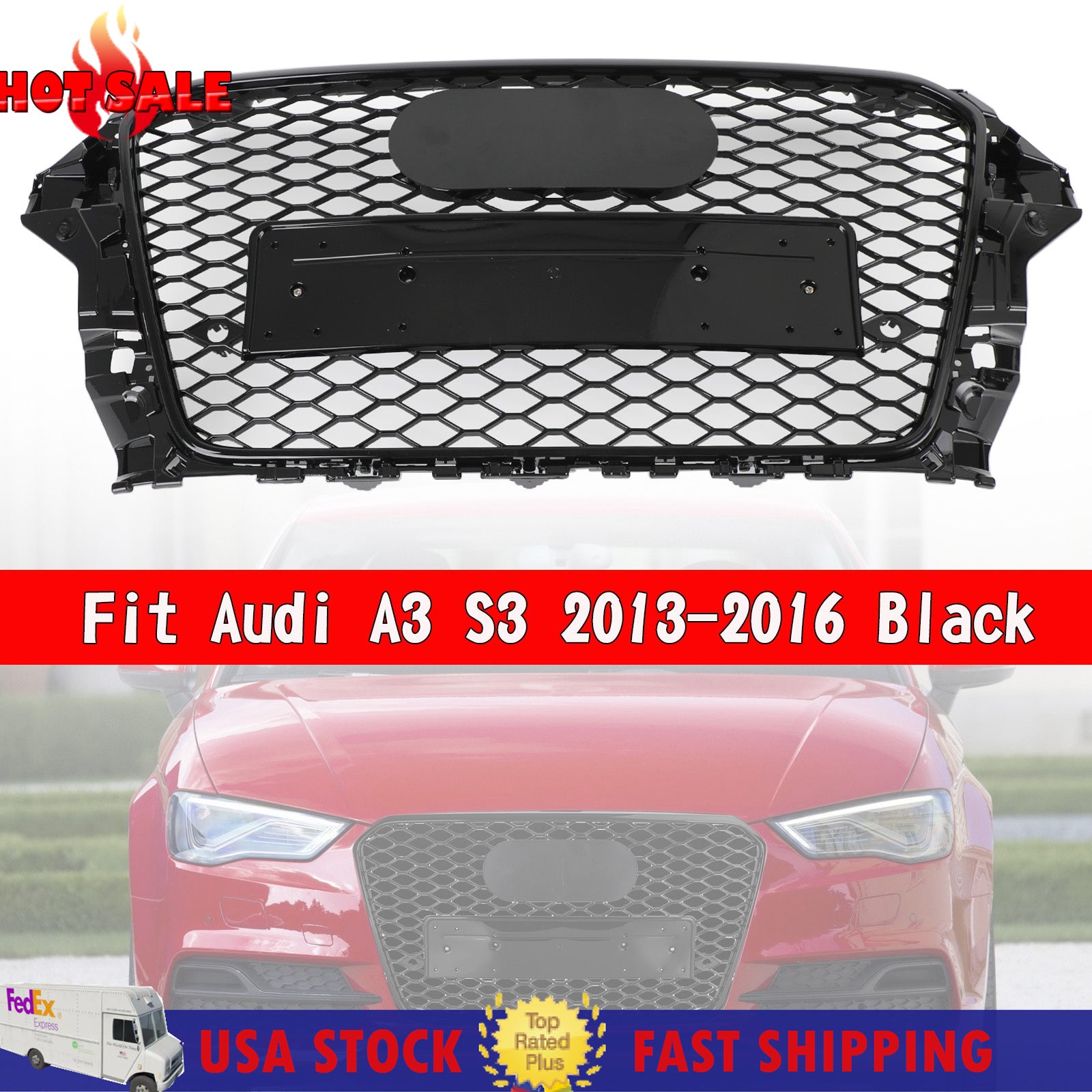 Fit for Audi A3 S3 2013-2016 RS3 Style Front Hood Henycomb Bumper Grille Grill Black