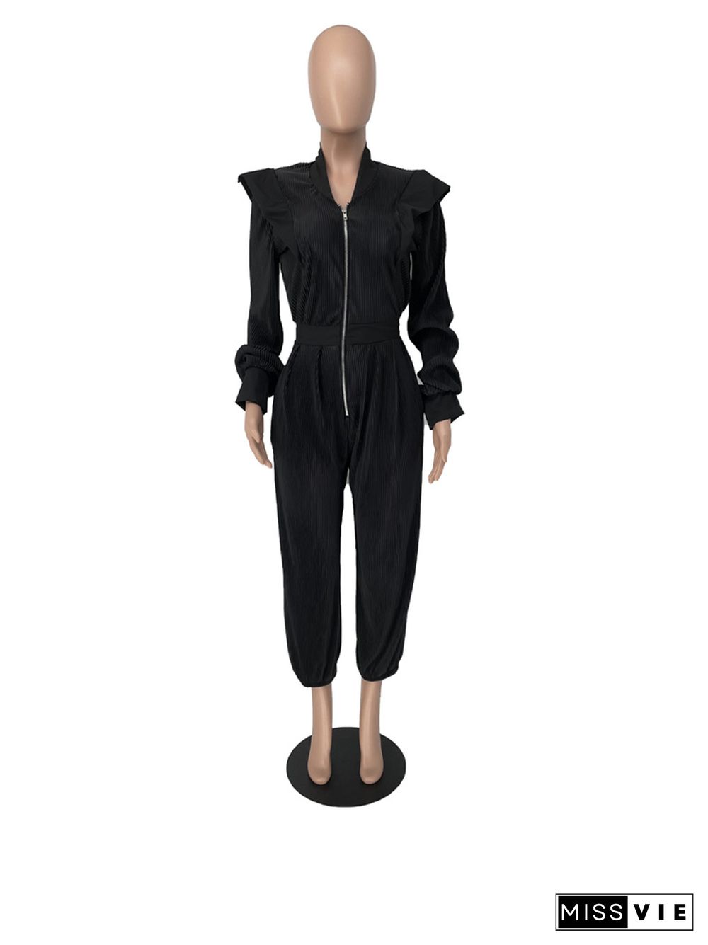 Plus Size V-neck Zipper Long Sleeve Pleated Jumpsuit