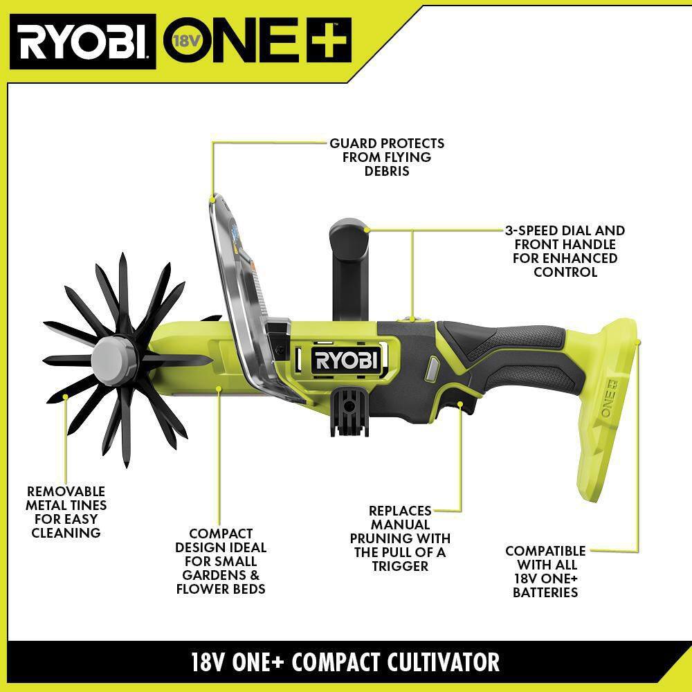 RYOBI ONE+ 18V Cordless Compact Battery Cultivator (Tool Only) P2909BTL