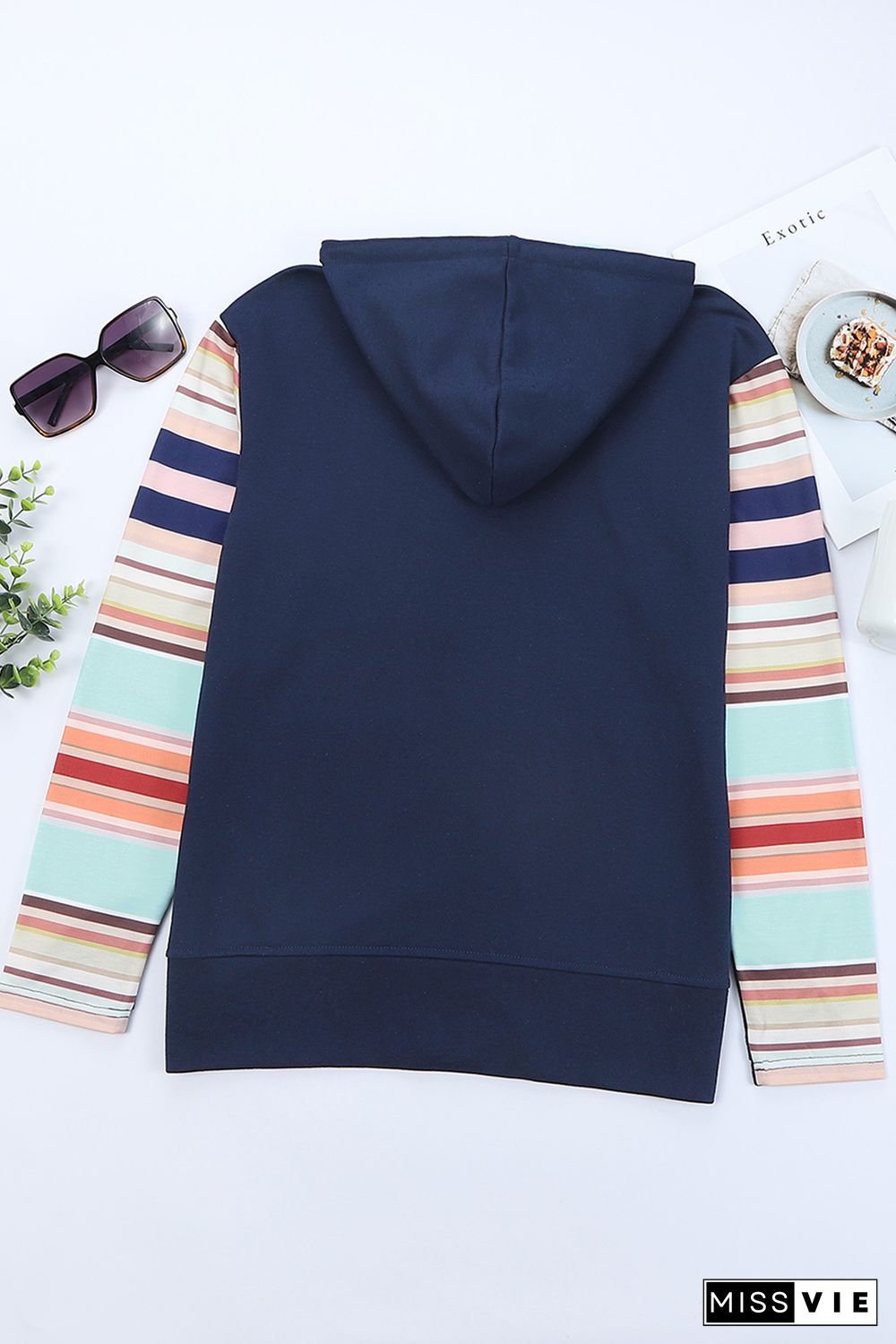 Blue Striped Color Block Thumbhole Sleeve Full Zip Hoodie