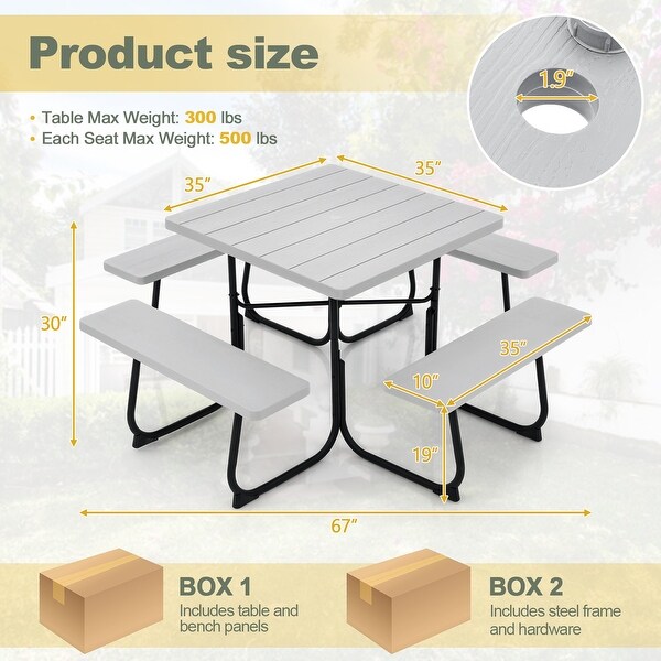 Outdoor Picnic Table with 4 Benches and Umbrella Hole