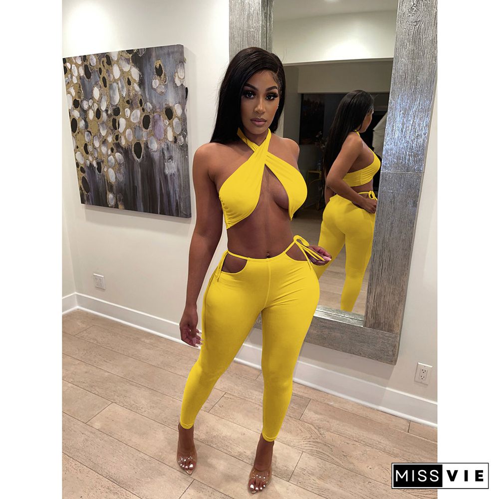 Bodycon Solid Color Wrap Top Pants Sexy 2 Piece Set