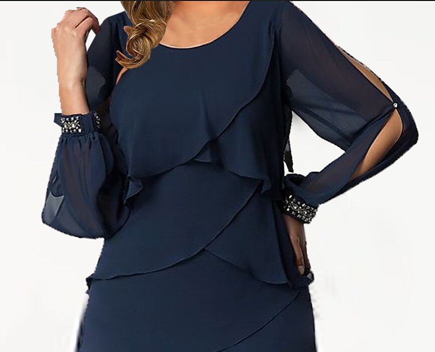 Women's Plus Size Holiday Dress Solid Color U Neck Layered Long Sleeve Work Dress