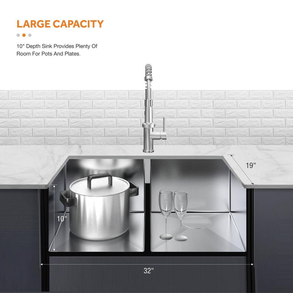 Glacier Bay All-in-One Zero Radius Undermount 16G Stainless Steel 32 in. Double Bowl Workstation Kitchen Sink Spring Neck Faucet FSU1Z3219A0SA1